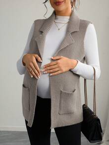 SHEIN كارديجان أنيق بياقة مرتفعة وجيبين للحوامل، بدون أكمام، للخريف والشتاء - قهوة بني - مشاهدة 6