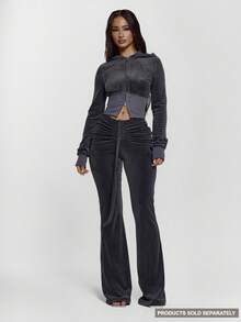 MUSERA Drawstring Tie Ruched Front Low Waist Velour Skinny Fitted Flare Trousers Bottoms Only Sexy Going Out   Night Out  Cute Streetwear Pants Spring - Dark Grey - View 1