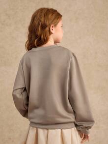 SHEIN Tween Girl 休闲圆领 Mountain 字母印花卫衣 - 咖啡棕 - 查看 2