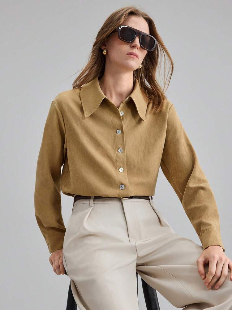 Khaki,Autumn,Effortless Chic,Everyday Elegant Woven Fabric Loose Shirt Women,Shell Button Placket Business Casual Office Commute Brown Button Down