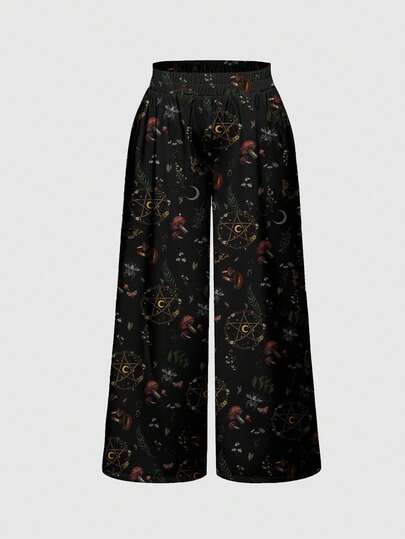 Goth Pantalones de pierna ancha con estampado todo sobre de bruja gótica misteriosa, mariposa, hoja, estrella y luna para mujer