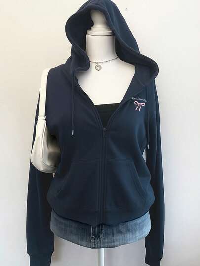 女士字母蝴蝶结印花长袖拉链抽绳卫衣