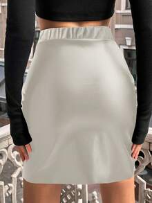 EURMUSE Women's Solid Color Bodycon High Waist Mini Skirt - Beige - View 2