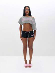 BABYPHAT Off Shoulder Cropped Sweatshirt With Pink Graphic Print Casual Comfort Top