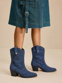 Daringsoles Women's Fashionable Retro Chunky Heel Mid-Calf Boots For Christmas - Navy Blue - View 4