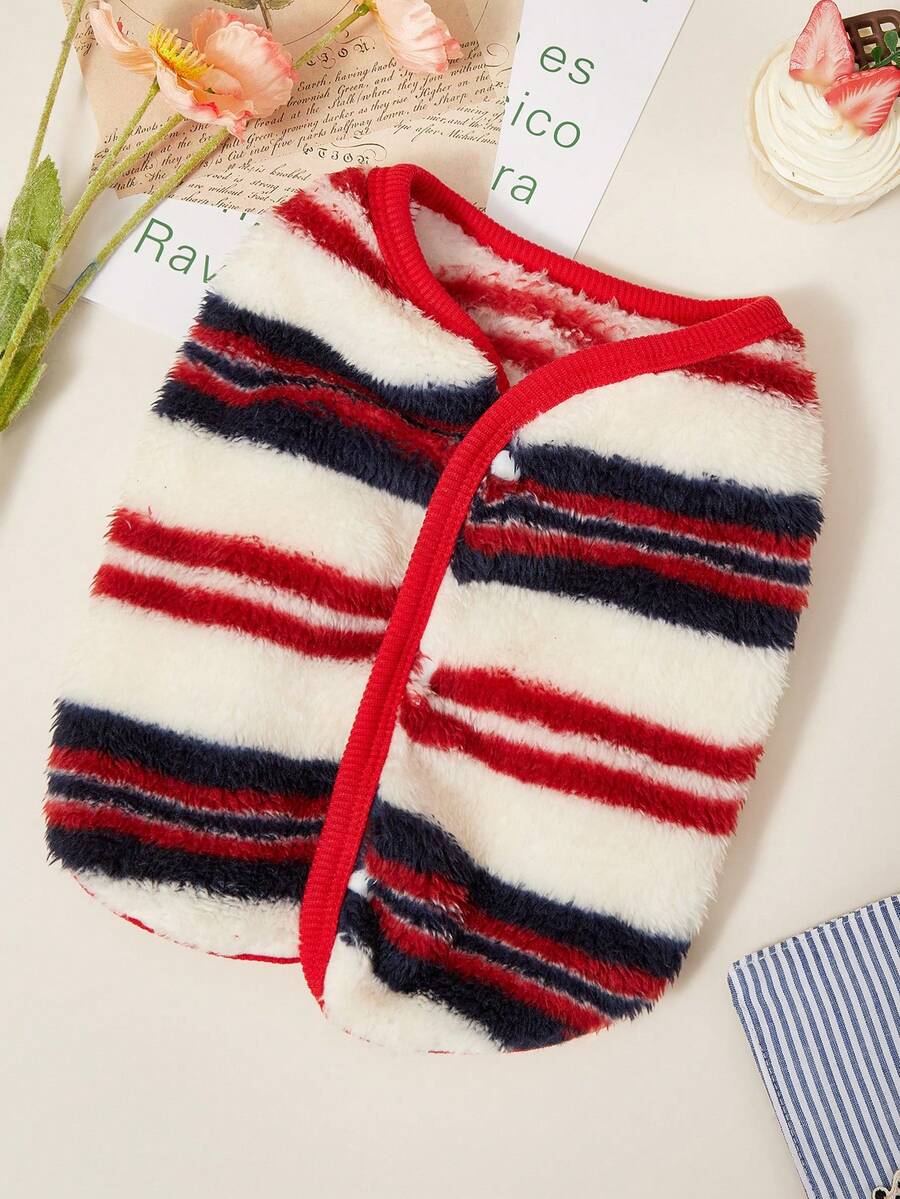 PETSIN 1件宠物猫狗通用时尚红蓝白印花双面弹力毛绒舒适保暖开襟纽扣无袖外套 - 彩色 - 查看 1