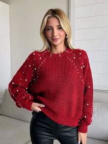 EURMUSE 女式秋冬仿珍珠罗纹圆领毛衣 - 紅色 - 查看 3