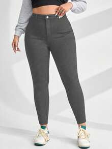 SHEIN CURVE+ 大码女式牛仔弹力休闲简约修身七分牛仔裤，女士牛仔竞技风格 - 灰色 - 查看 1