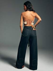 Denimoi 倒口袋下摆宽松阔腿牛仔裤 - 深色水洗藍 - 查看 3