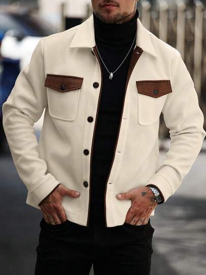 Manfinity Homme 男士长袖休闲时尚街头撞色翻盖口袋单排扣羊毛大衣，秋冬奶油色男士时尚白色大衣