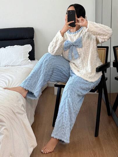 SHEIN Plus Size Women Colorful Patchwork Textured Jacquard Bow Decor Long Sleeve & Pants Cozy Pajama Set, Winter