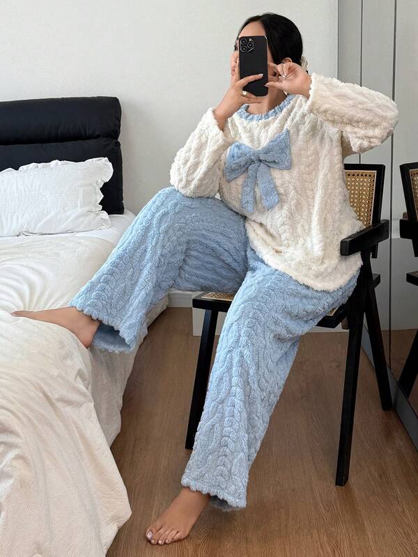 SHEIN Plus Size Women Colorful Patchwork Textured Jacquard Bow Decor Long Sleeve & Pants Cozy Pajama Set, Winter