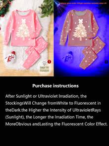 1 套年轻女孩圣诞主题睡衣，夜光圣诞树和雪花 PriSnug Fit 长袖上衣和裤子，舒适睡衣套装，节日礼物 - 粉色 - 查看 6