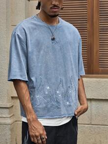 AXEPEAK Rhinestone Decor Flame Print Round Neck Short Sleeve Casual T-Shirt