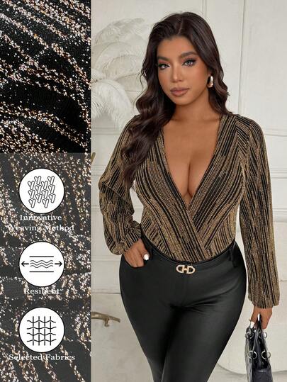 Femmeverse Plus Size Elegant Party Bodysuit, Knitted Metallic Criss-Cross Neck Long Sleeve Patchwork Design,New Year, Glamorous,Festival,Cocktail,Christmas,Light,Night Out For Women In Fall/Winter
