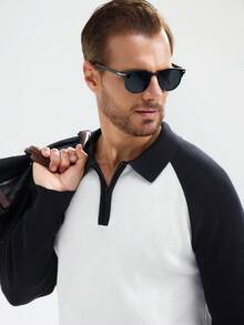 Manfinity CityGents Áo len nam cổ polo tay raglan có khóa kéo màu tương phản, thường ngày, thu/đông - Xanh đậm - Xem 6