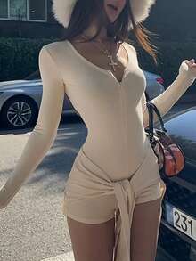 SHEIN EZwear 女士纯色前拉链长袖休闲紧身连体裤 - 杏色 - 查看 4