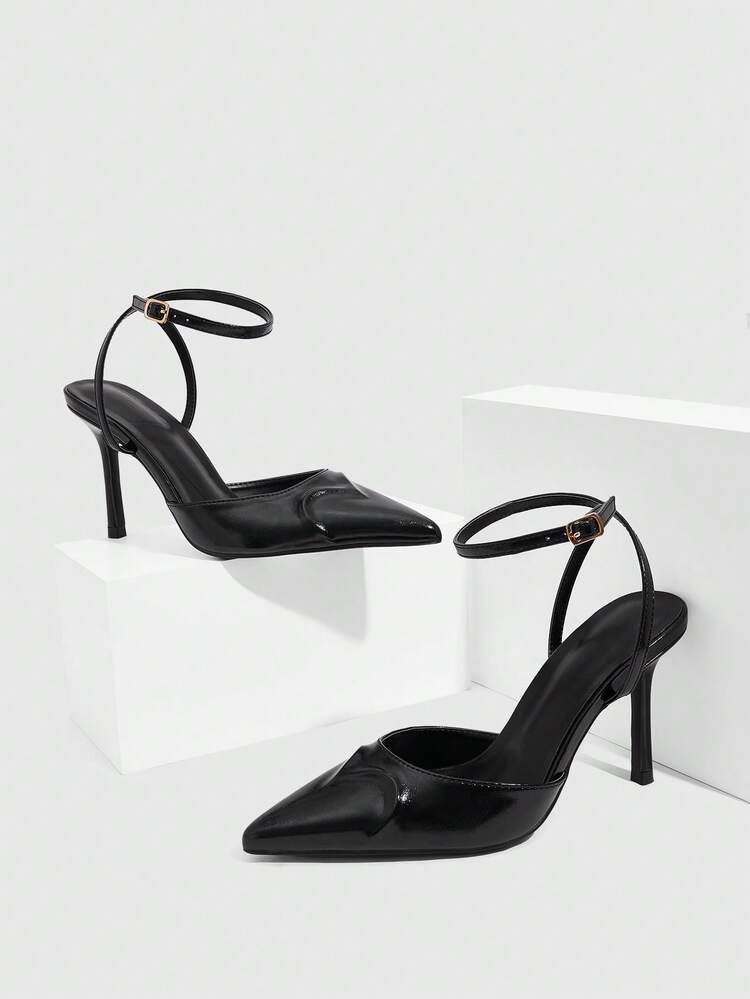CUCCOO SZL Black PU Pointed Toe Thin Strap Fashionable Sexy Strap Elegant Business Thin High Heel Hollow Out Pumps