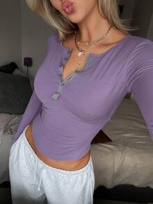 DAZY Women's Knit Partial Zip-Up Fitted Camisole Top With Built-In Padding, Autumn/Winter - Purple - View 3