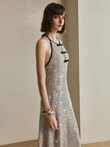 Arave Vestido de fiesta elegante con escote en V y cuello halter con lentejuelas para mujer