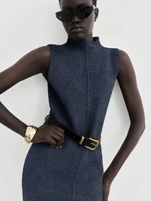 Lumivelle 女式海军蓝立领无袖简约百搭针织连衣裙 - 藏蓝色 - 查看 1
