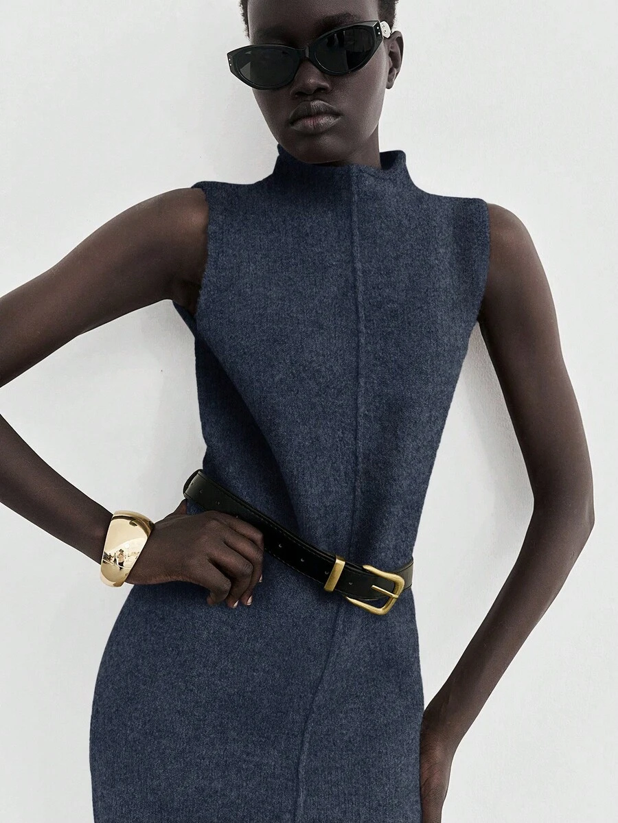 Lumivelle 女式海军蓝立领无袖简约百搭针织连衣裙 - 藏蓝色 - 查看 1