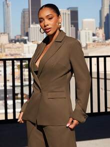 Vixey 缺口翻领双排扣衬垫宽肩超大西装外套 - 咖啡棕 - 查看 3