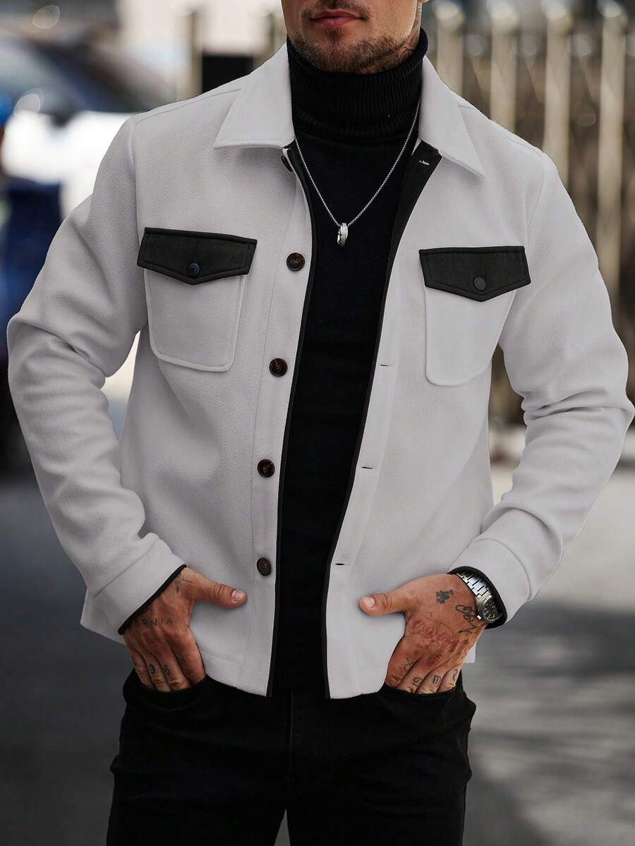 Manfinity Homme 男士休闲时尚街头撞色翻盖口袋单排扣羊毛大衣，秋冬 - 灰色 - 查看 1