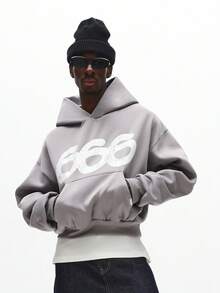 SUMWON 666 Graphic Print Pullover Hoodie With Centre Pocket And Drawstring Hood Casual Streetwear - Black - View 5