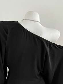 Elamini 女式黑色不对称领蝙蝠翼褶皱腰上衣，优雅复古简约设计，适合工作、约会、休闲穿着 - 黑色 - 查看 6