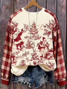 EMERY ROSE New Vintage Santa Claus Plaid Print Long Sleeve Pullover Sweatshirt, Christmas - Multicolor - View 2