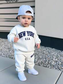 SHEIN 2pcs Baby Boy/Girl Casual Sports Grey Letter Print Long Sleeve Sweatshirt And Pants Tracksuit Set, Autumn/Winter Baby Sweat Outfits Baby Boy Sweat Set Baby Boy Clothes New York Fall