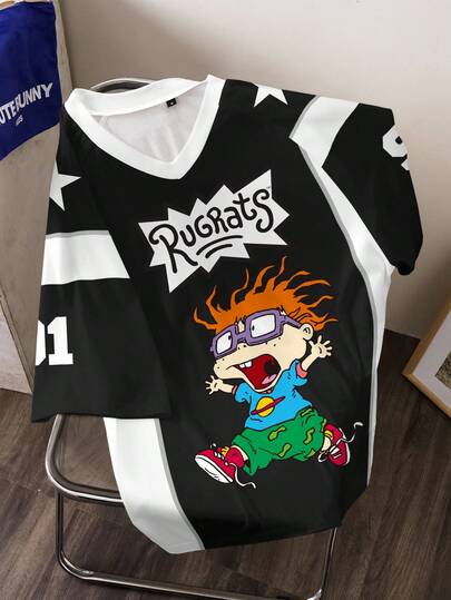 Nick 90s | SHEIN Men's Casual Fashion Street Cartoon Character & Letter Star Print Black & White Patchwork Short Sleeve T-Shirt, Summer