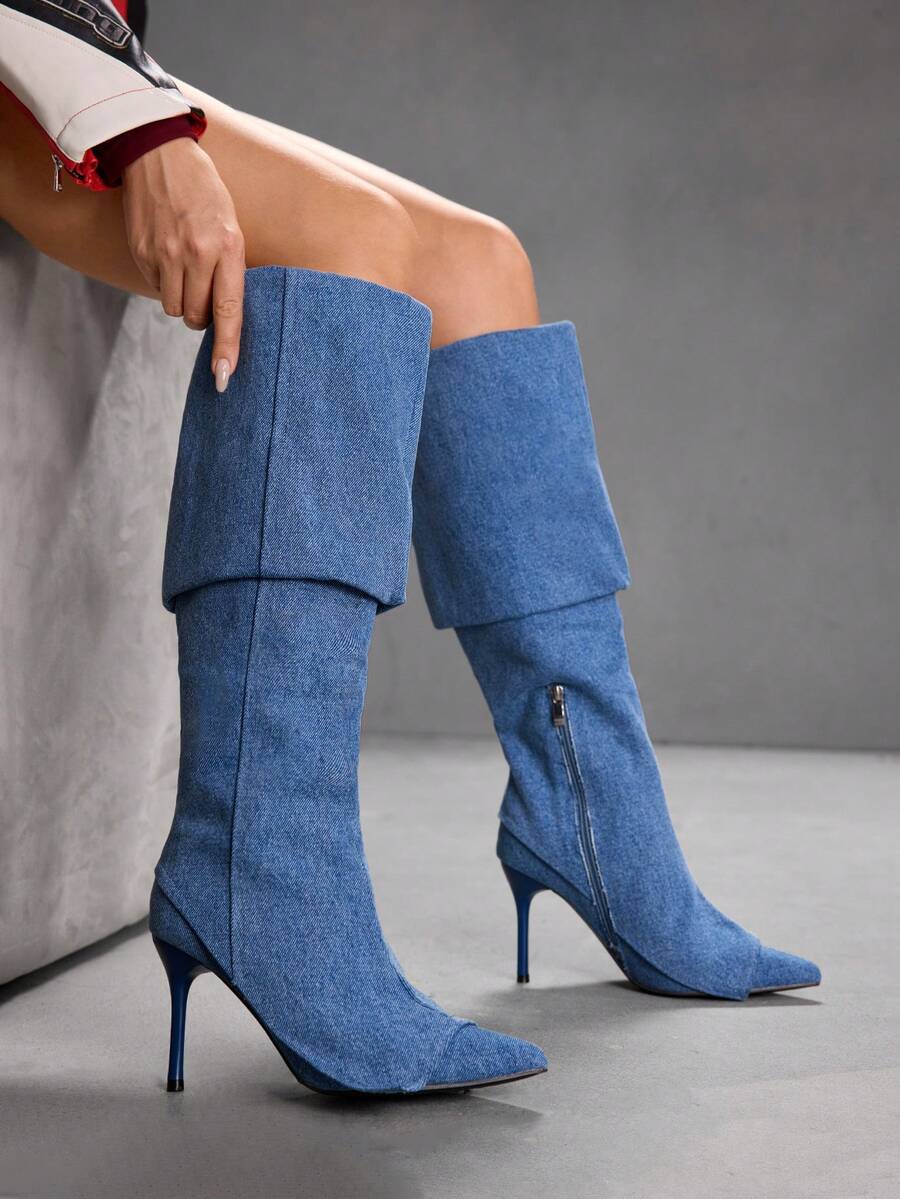 CUCCOO SZL Women's Pointed Toe High Heel Boots, Blue Denim Effect Double Layer Design, Fashion Comfortable For Daily, Party, Banquet, Side Zipper -On - Blue - View 1