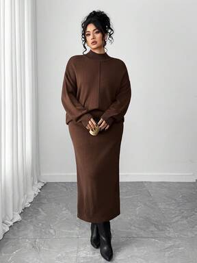 Elenzga طقم كنزة صوفية طويلة الأكمام بياقة عالية أنيقة للمقاسات الكبيرة