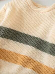 SHEIN Playful Pals 男童粗条纹针织毛衣，长袖，秋冬 - 杏色 - 查看 6