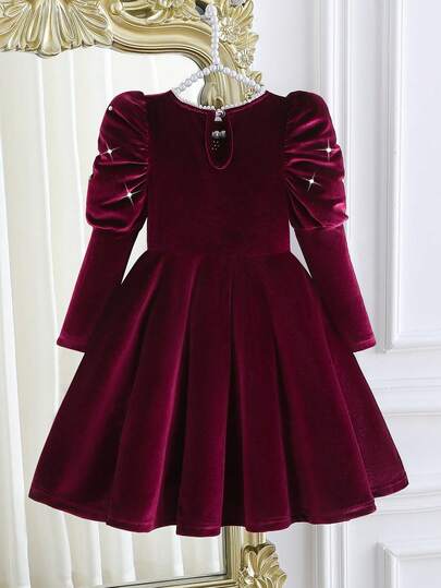 Glamorique Kids 年轻女孩勃艮第天鹅绒圆领泡泡袖A字珍珠缀饰连衣裙，珍珠圆领水滴扣，复古宫廷风，奢华，适合新年、圣诞节、派对、春秋冬