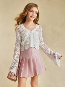 Girls V-Neck Openwork Cardigan, Solid Color, Spring/Summer - White - View 4