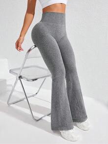 Eassivo Eassivo 女式纯色罗纹高腰无缝瑜伽健身喇叭紧身裤 - 深灰色 - 查看 4