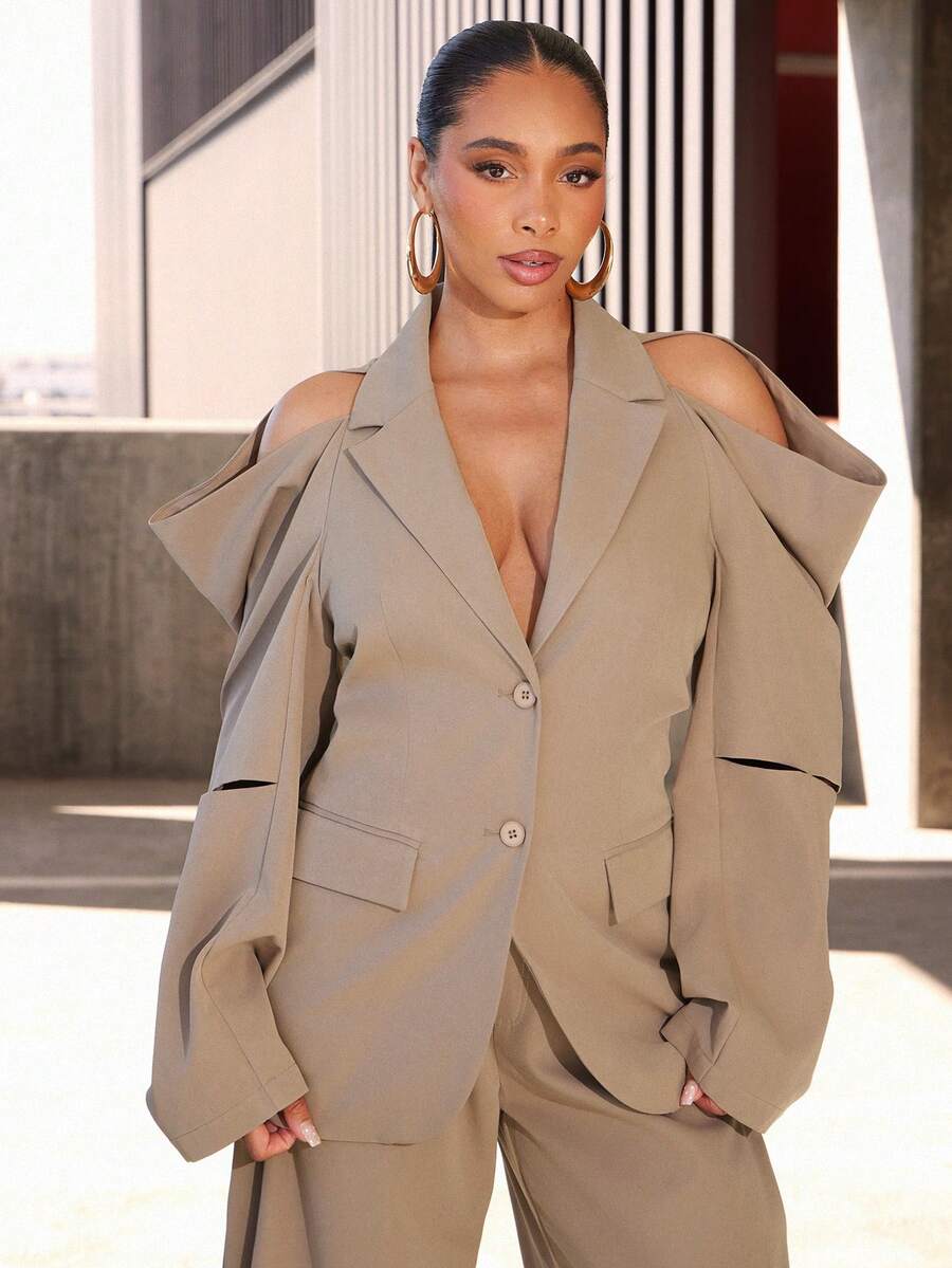 Vixey Cold Shoulder Pleated Long Sleeve Collared Blazer - Khaki - View 1