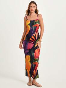 CAJUNI x Carol Peixinho Women's Casual Vacation Parrot & Turtle Print Beaded Spaghetti Strap Mid-Length Dress - Date Outfit - Tropical Elegant Dress For Women,Elegant Dresses For Party, Resort Wear Curve, Curve Maxi Dress, Caribbean Outfits For Women, Bodycon Maxi Dress, Tropical Maxi Dress