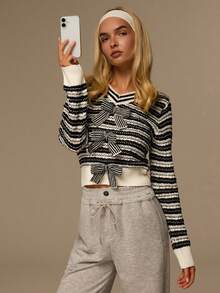 Glamine 女式常规休闲上衣，黑色针织条纹蝴蝶结 V 领套头衫 - 黑與白 - 查看 4