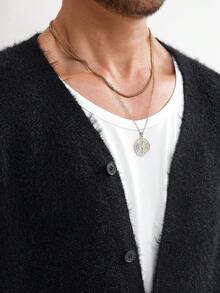 Manfinity Homme 男士休闲标语印花开衫，秋冬季毛绒针织衫，基督教男士黑白图案长袖开衫上衣 - 黑色 - 查看 3