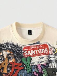 ROMWE MEN Street Life Áo thun nam tay dài in họa tiết bộ xương, phong cách đường phố cổ điển - Màu be - Xem 2