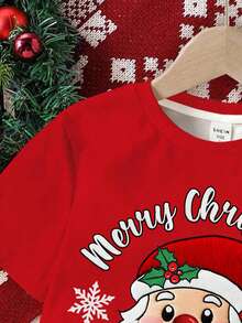 SHEIN Jungen Lässiger, stilvoller, warmer und bequemer klassischer Weihnachtsbaum-Muster Weihnachten Cartoon Stil Rundhals Loose Fit Kurzarm T-Shirt, geeignet für den Sommer