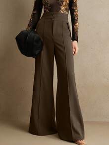 Anewsta Elegant High-Waisted Flared Double-Button Suit Pants, Chic Urban Style, New Year's - Coffee Brown - View 1