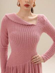 Modelyn Pink Party Elegant Asymmetrical Shoulder Long Sleeve Dress For Women - Pink - View 5