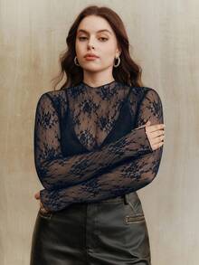 Anewsta Blusa de manga larga de encaje transparente y sexy para tallas grandes - Azul Marino - Ver 7