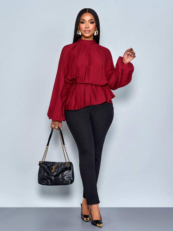 SOLERSUN ملابس نسائية للخريف/الشتاء، كاجوال يومي، أنيق للتنقل، أساور مرنة، طوق صغير منكمش، قميص بخصر واسع وحزام على الخصر بتصميم خط A