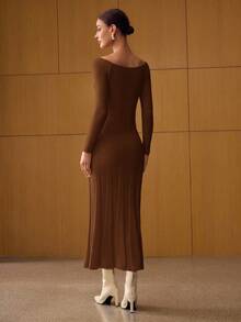 MOTF PREMIUM SCOOP NECK BIAS CUT SWEATER DRESS - Camel - View 3